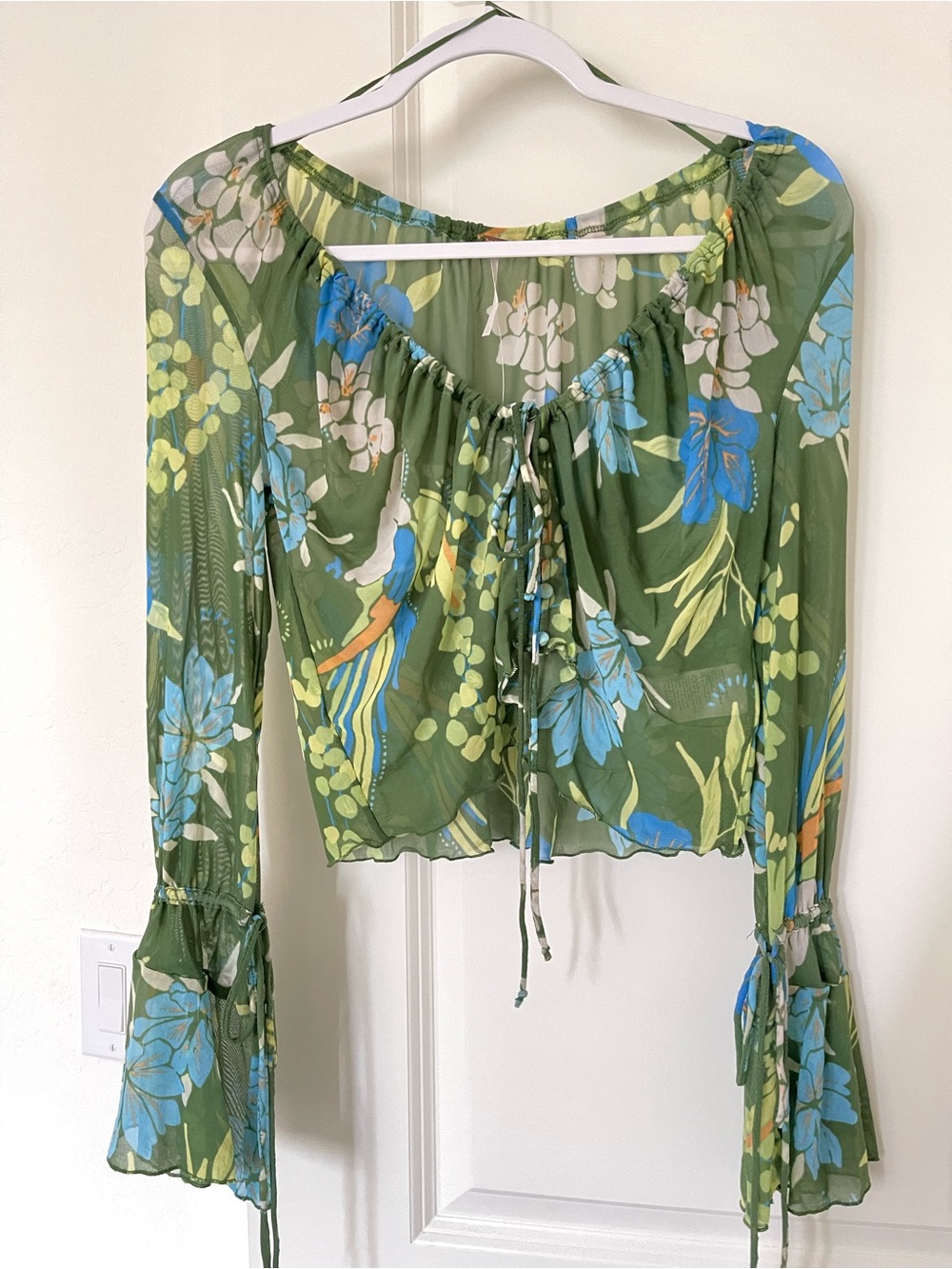 Free People Olive Green Floral Parrot Tie-Front Blouse